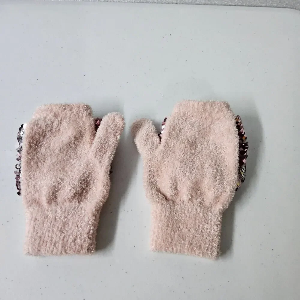 Justice Convertible Mitten Gloves Kids One Size Pink Reversible Flip Sequin Fuzz